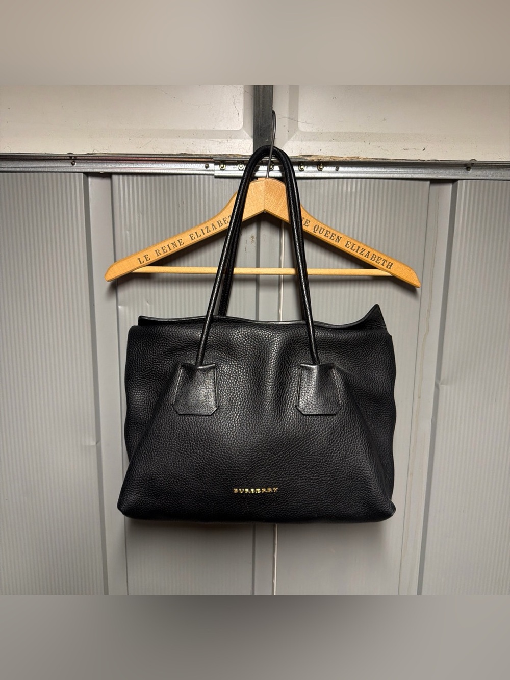 Burberry Baynard Women’s Black Pebbled Tote Bag with Check Lined Interior, Logo